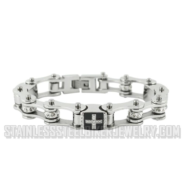 Heavy Metal Jewelry Ladies Bike Chain Stainless Steel Bracelet Silver Links Enamel Cross SB2279