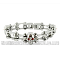 Ladies Motorcycle Bike Chain Stainless Steel Bracelet Red Eyed Skulls SB133