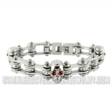 Ladies Motorcycle Bike Chain Stainless Steel Bracelet Red Eyed Skulls SB133
