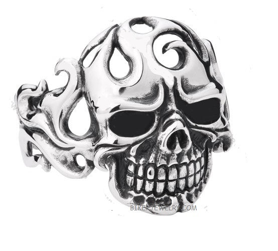 Men's Biker Jewelry Large Skull Cuff Bracelet with Flames Stainless Steel SB38