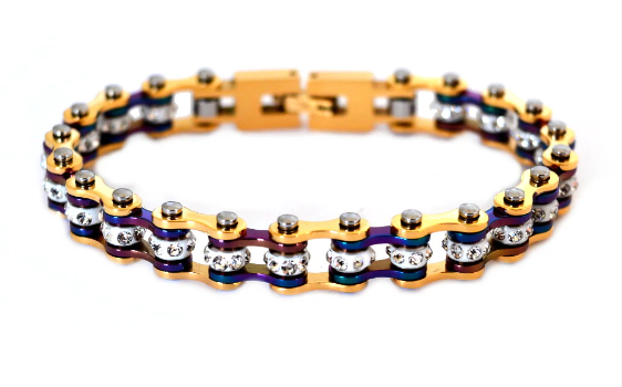 Ladies Stainless Steel Gold & Multi Colors Mini Motorcycle Biker Tennis Bracelet SB93