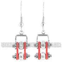 Heavy Metal Jewelry Ladies Motorcycle Mini Bike Chain Earrings Stainless Steel Chrome/Red SE50