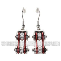 Biker Jewelry Ladies Motorcycle Bike Chain Earrings Stainless Steel Chrome & Candy Red SE42