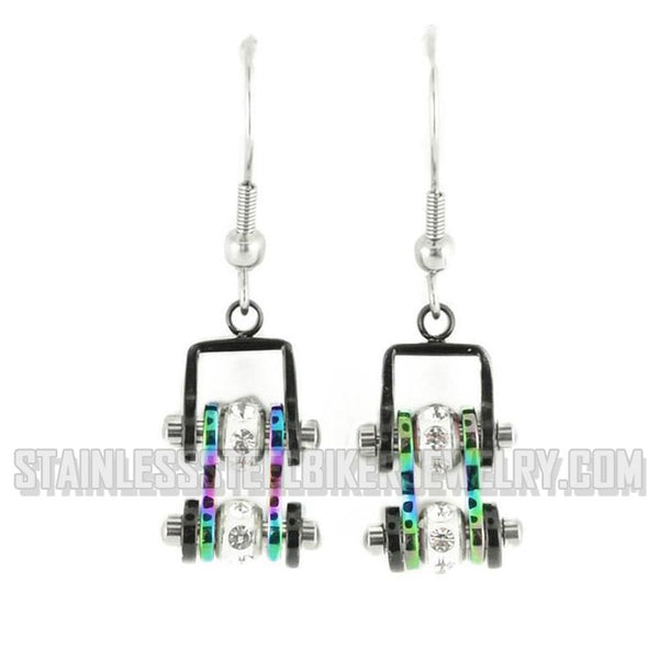 Heavy Metal Jewelry Ladies Motorcycle Mini Bike Chain Earrings Stainless Steel Black/Iridescent SE1208E