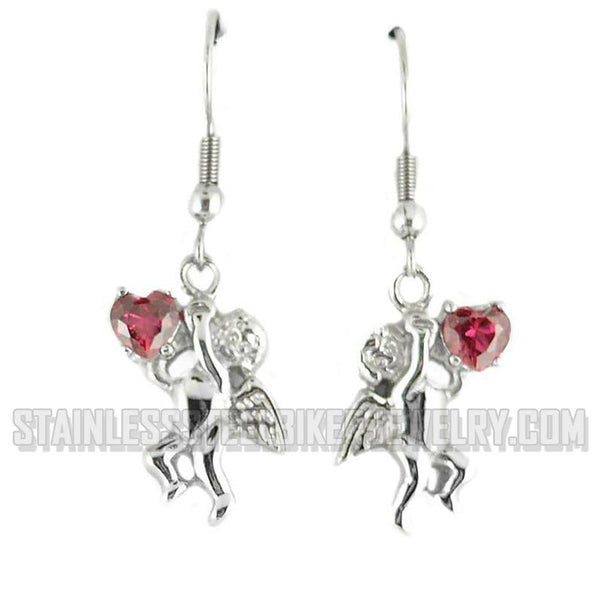 Heavy Metal Jewelry Ladies Cherub Angel French Wire Earrings Stainless Steel Red Heart SE1466