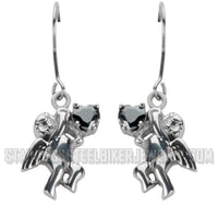 Heavy Metal Jewelry Ladies Cherub Angel French Wire Earrings Stainless Steel Black Heart SE1472