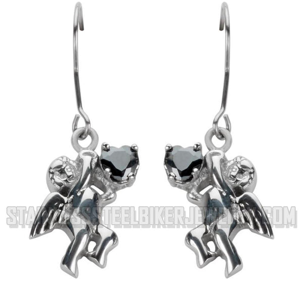 Heavy Metal Jewelry Ladies Cherub Angel French Wire Earrings Stainless Steel Black Heart SE1472