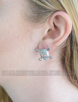 Heavy Metal Jewelry Large Ladies Bling Skull & Crossbones Post Earrings Stainless Steel SE12