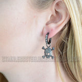 Biker Jewelry Ladies Black Bling Skull & Crossbones Hoop Earrings Stainless Steel SE34