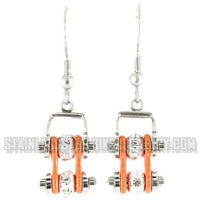 Biker Jewelry Women's Motorcycle Bike Chain Earrings Stainless Steel Chrome & Orange SE52