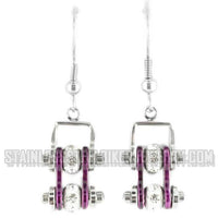 Biker Jewelry Ladies Motorcycle Bike Chain Earrings Stainless Steel Chrome & Candy Purple SE51