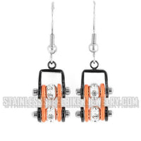 Biker Jewelry Ladies Motorcycle Bike Chain Earrings Stainless Steel Black/Orange SE57