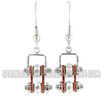Biker Jewelry Ladies Motorcycle Mini Bike Chain Earrings Stainless Steel Chrome / Candy Red