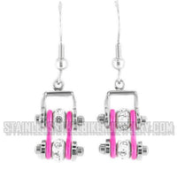 Biker Jewelry Ladies Motorcycle Small Bike Chain Earrings Stainless Steel Chrome & Pink SE54