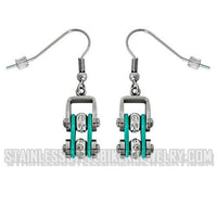 Heavy Metal Jewelry Ladies Motorcycle Mini Bike Chain Earrings Stainless Steel Chrome/Aquamarine SE2021E