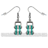 Heavy Metal Jewelry Ladies Motorcycle Mini Bike Chain Earrings Stainless Steel Chrome/Aquamarine SE2021E
