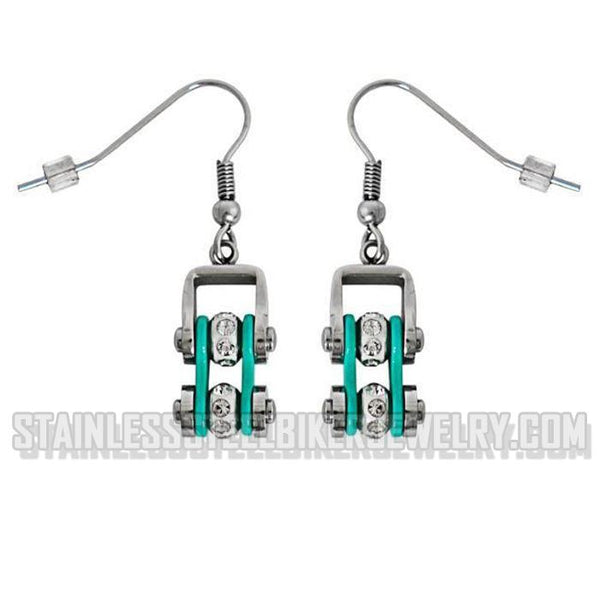 Heavy Metal Jewelry Ladies Motorcycle Mini Bike Chain Earrings Stainless Steel Chrome/Aquamarine SE2021E
