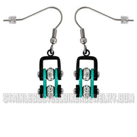 Biker Jewelry Ladies Stainless Steel Black & Turquoise Motorcycle Mini Bike Chain Earrings SE73