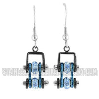 Biker Jewelry Ladies Motorcycle Small Bike Chain Earrings Stainless Steel Black & Blue & Blue Stones SE63