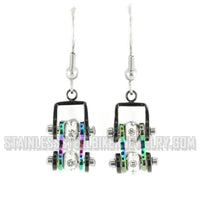 Biker Jewelry Ladies Small Bike Chain Earrings Stainless Steel Two Tone Black Rainbow with Crystal Centers SE72