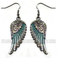 Biker Jewelry Ladies Bling Wings French Wire Earrings Stainless Steel Turquoise SE70
