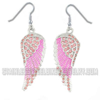 Biker Jewelry Ladies Large Bling Pink Wings French Wire Earrings Stainless Steel SE69
