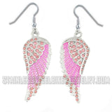 Biker Jewelry Ladies Large Bling Pink Wings French Wire Earrings Stainless Steel SE69