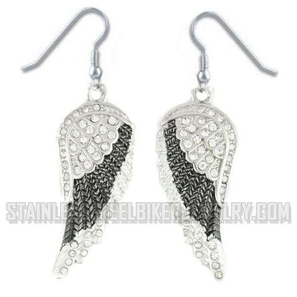 Biker Jewelry Ladies Black Bling Wings French Wire Earrings Stainless Steel SE67