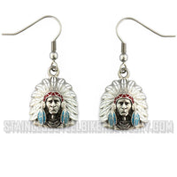 Biker Jewelry Ladies Indian Headdress Bust Earrings Stainless Steel SE43