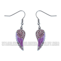 Biker Jewelry Ladies Bling Pink Wings French Wire Mini Earrings Stainless Steel SE85