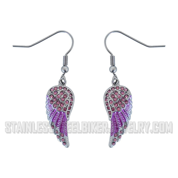Biker Jewelry Ladies Bling Pink Wings French Wire Mini Earrings Stainless Steel SE85