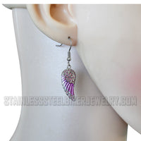 Biker Jewelry Ladies Bling Pink Wings French Wire Mini Earrings Stainless Steel SE85