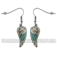 Biker Jewelry Ladies Turquoise Wings French Wire Earrings Stainless Steel SE84