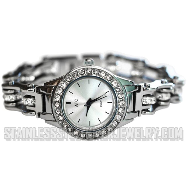 Bike Chain Tennis Bling Watch Bling Bezel Ladies Stainless Steel Watch W3