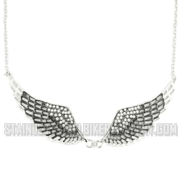Jewelry Ladies Black Bling Angel Wing Pendant Necklace Stainless Steel SP36