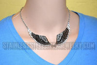 Jewelry Ladies Black Bling Angel Wing Pendant Necklace Stainless Steel SP36