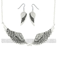 Heavy Metal Jewelry Ladies Black Bling Angel Wing Pendant Necklace & Earring Set Stainless Steel SP2236C