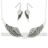 Heavy Metal Jewelry Ladies Black Bling Angel Wing Pendant Necklace & Earring Set Stainless Steel SP2236C