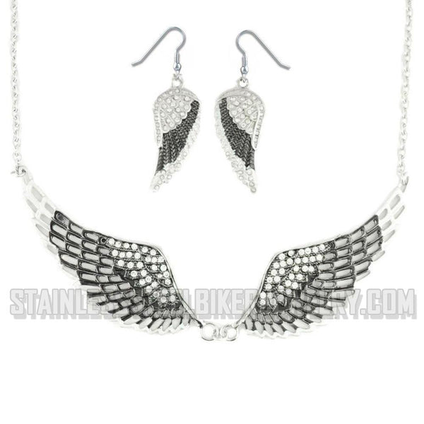 Heavy Metal Jewelry Ladies Black Bling Angel Wing Pendant Necklace & Earring Set Stainless Steel SP2236C