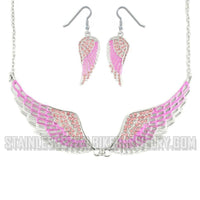 Heavy Metal Jewelry Ladies Pink Bling Angel Wing Pendant Necklace/Earring Set Stainless Steel SP2238C