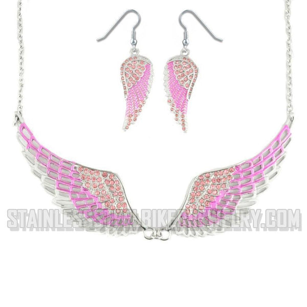 Heavy Metal Jewelry Ladies Pink Bling Angel Wing Pendant Necklace/Earring Set Stainless Steel SP2238C