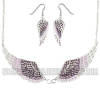 Heavy Metal Jewelry Ladies Purple Bling Angel Wing Pendant Necklace/Earring Set Stainless Steel SP2239C