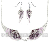 Heavy Metal Jewelry Ladies Purple Bling Angel Wing Pendant Necklace/Earring Set Stainless Steel SP2239C