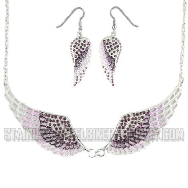 Heavy Metal Jewelry Ladies Purple Bling Angel Wing Pendant Necklace/Earring Set Stainless Steel SP2239C