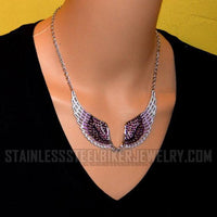 Heavy Metal Jewelry Ladies Purple Bling Angel Wing Pendant Necklace/Earring Set Stainless Steel SP2239C