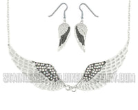 Heavy Metal Jewelry Ladies White Bling Angel Wing Pendant Necklace/Earring Set Stainless Steel SP2240C
