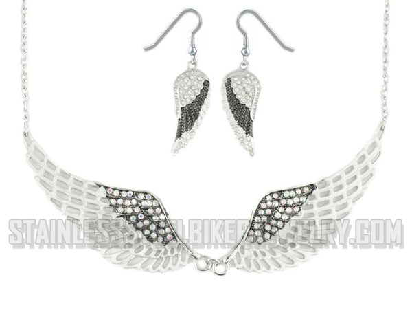 Heavy Metal Jewelry Ladies White Bling Angel Wing Pendant Necklace/Earring Set Stainless Steel SP2240C