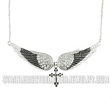Heavy Metal Jewelry Ladies Large Black Bling Angel Wing Cross Pendant Necklace Stainless Steel SP42