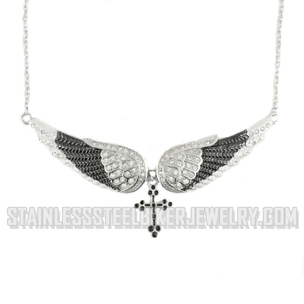 Heavy Metal Jewelry Ladies Large Black Bling Angel Wing Cross Pendant Necklace Stainless Steel SP42