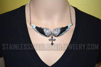 Heavy Metal Jewelry Ladies Large Black Bling Angel Wing Cross Pendant Necklace Stainless Steel SP42